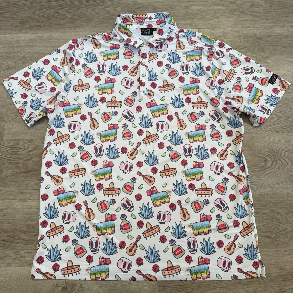 Sunday Swagger Fiesta Tequila Polo Shirt Men's XL Golf All Over Print Rare